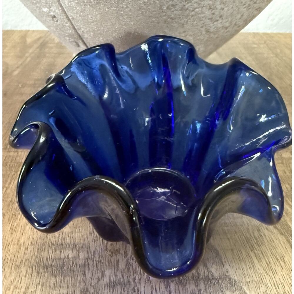 Cobalt Dark Blue Art Glass Handkerchief 6x3” Vase or Bowl